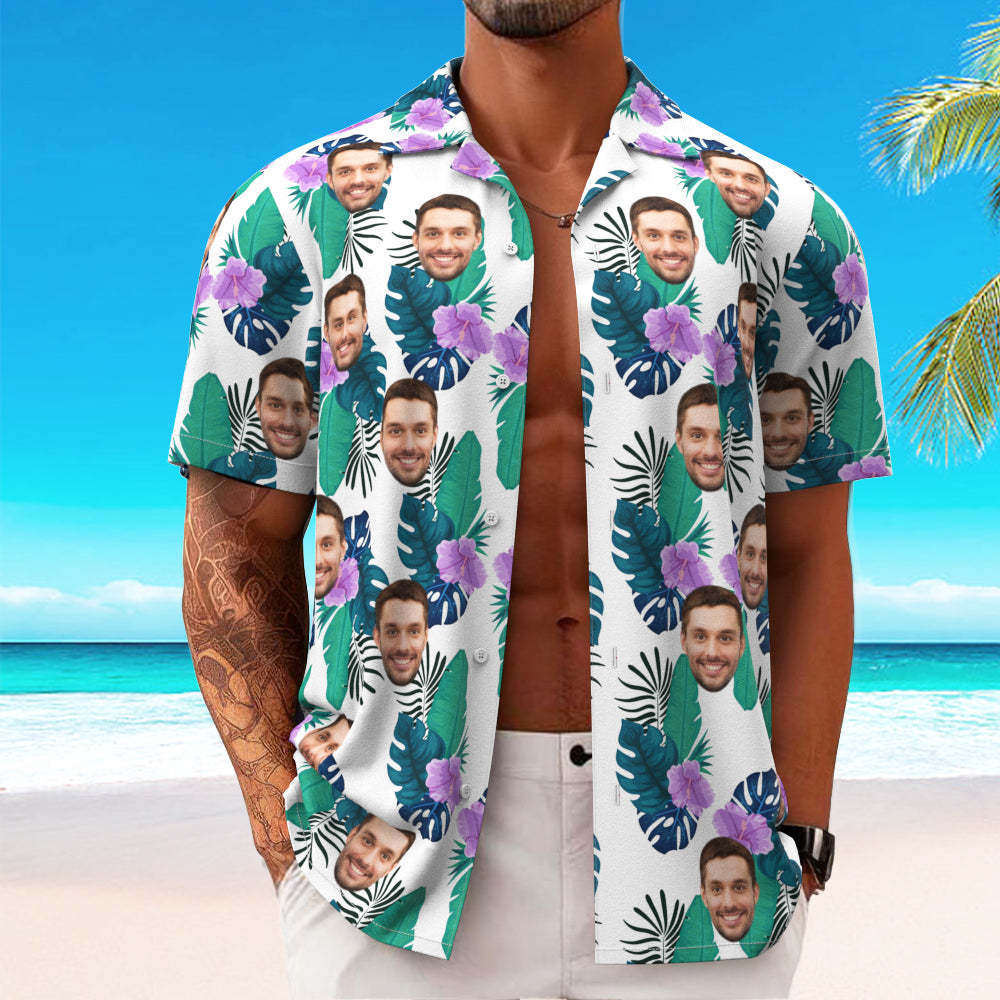 Op Maat Gemaakt Hawaiiaans Overhemd Voor Heren, Gepersonaliseerd Overhemd Met Korte Mouwen En Afbeelding, Gezicht, Foto Bedrukt Hawaii Overhemd Groene Bloem - SokkenFoto