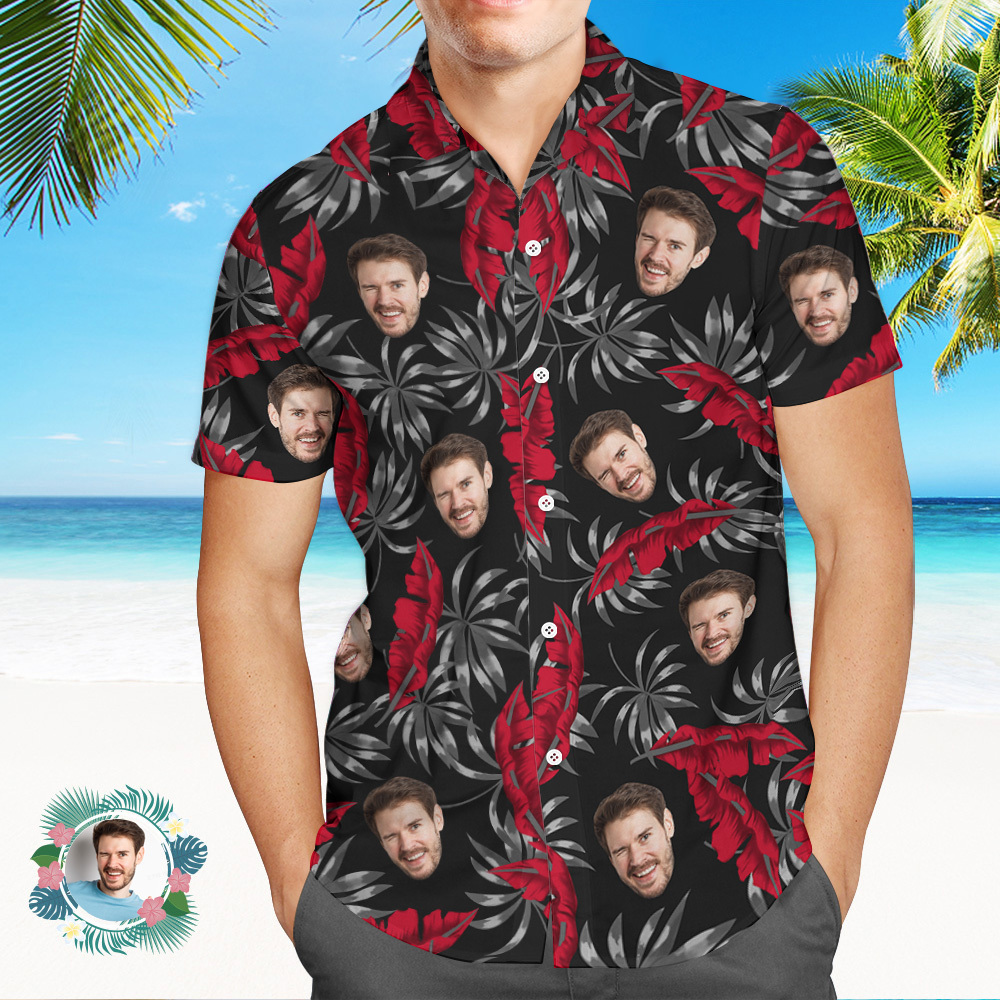 Aangepaste Hawaiiaanse Shirts Kleurrijke Bladeren Aloha Beach Shirt Donkerrood - SokkenFoto