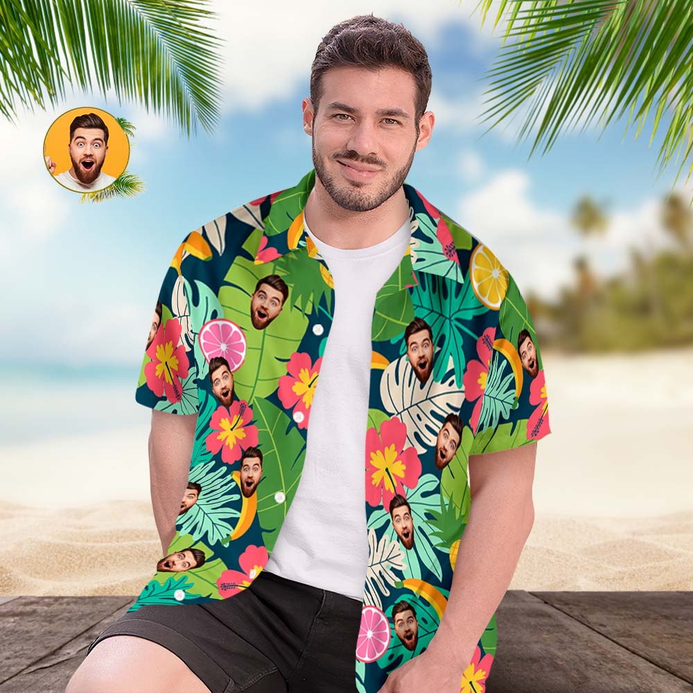 Aangepaste Gezicht Hawaiian Shirt Mannen Gezicht Shirt Kleurrijke Bladeren En Ananas Shirt Cadeau