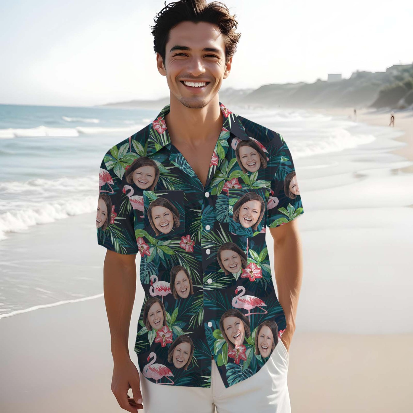 Aangepaste Hawaiiaanse Shirt Met Gezicht Gepersonaliseerde Tropische Zomer Aloha Shirt Met Zak Cadeau Voor Geliefden - SokkenFoto