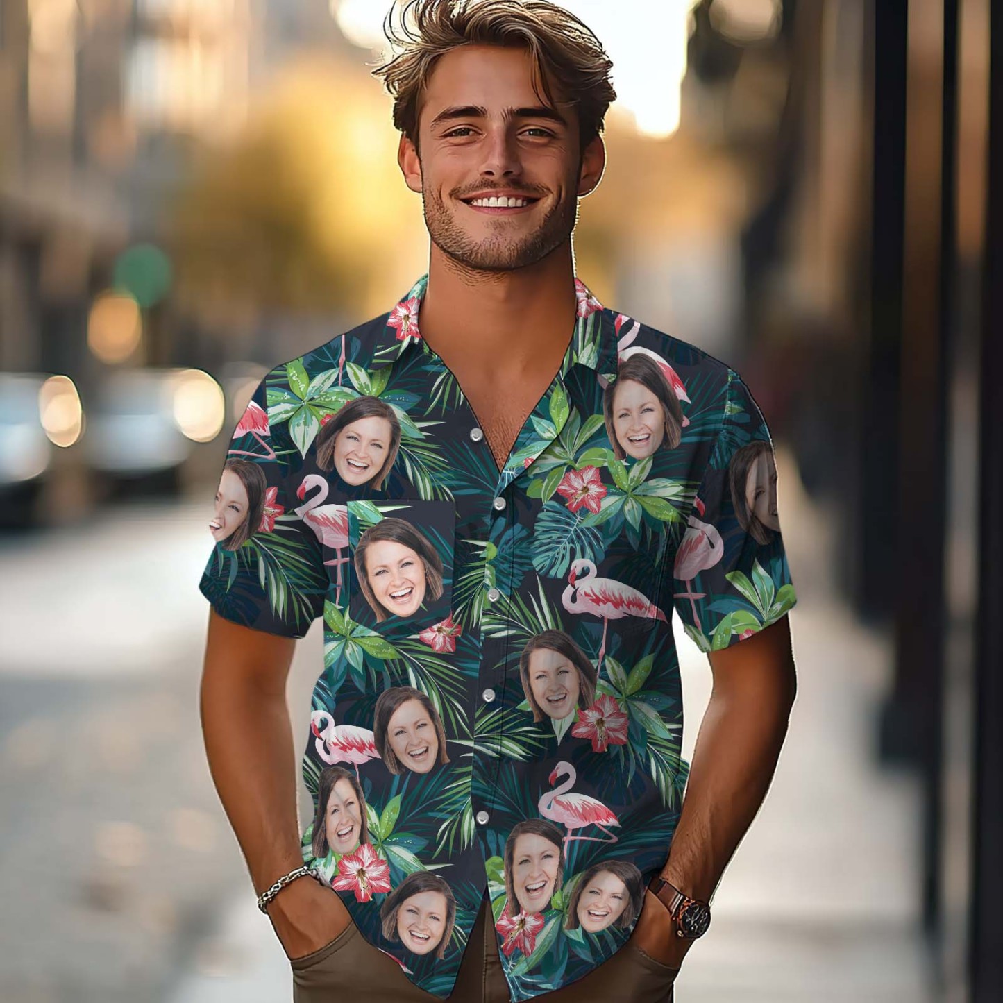 Aangepaste Hawaiiaanse Shirt Met Gezicht Gepersonaliseerde Tropische Zomer Aloha Shirt Met Zak Cadeau Voor Geliefden - SokkenFoto