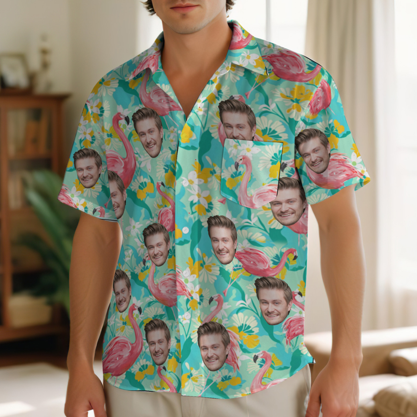 Custom Face Hawaiian Shirts Mouwloos Herenshirt Met All-over Print Flamingozak - SokkenFoto