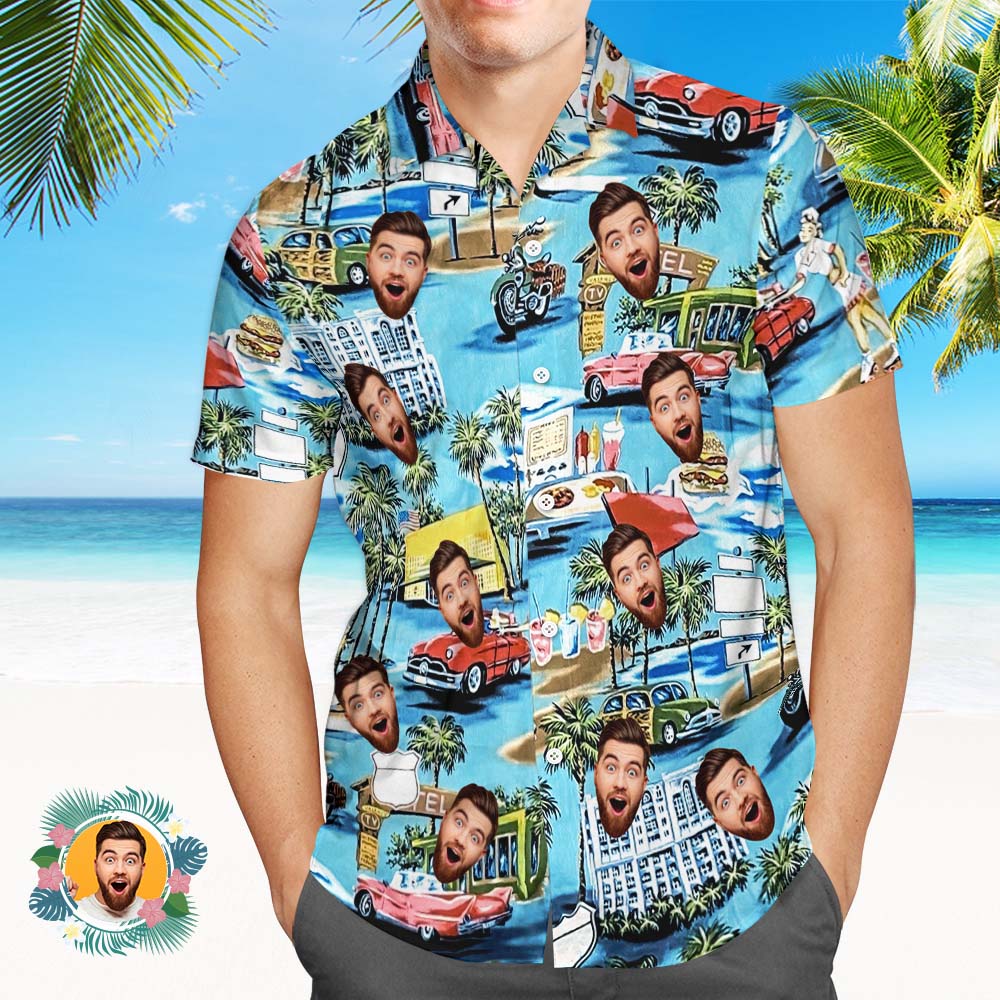 Aangepaste Gezicht Hawaiiaanse Shirts Cartoon Auto's En Gebouwen Hawaiiaanse Shirts Voor Mannen