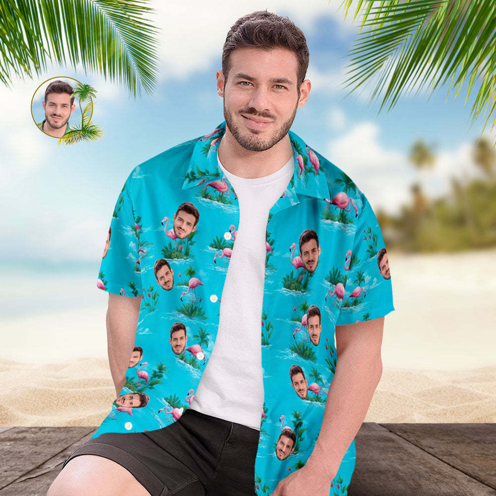Aangepaste Gezicht Hawaiiaanse Shirts Maanbeschenen Flamingo's Blauw Hawaiiaans Shirt - SokkenFoto