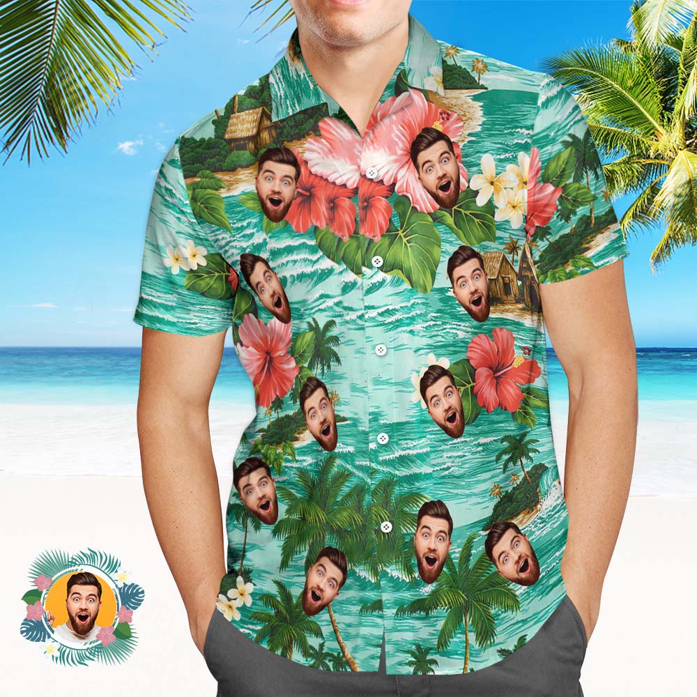 Het Hawaiiaanse Overhemd Van Het Gezicht Van De Douane Het Groene Hawaiiaanse Overhemd Van Het Gezicht Van De Wateren Van Het Strand Smaragdgroene