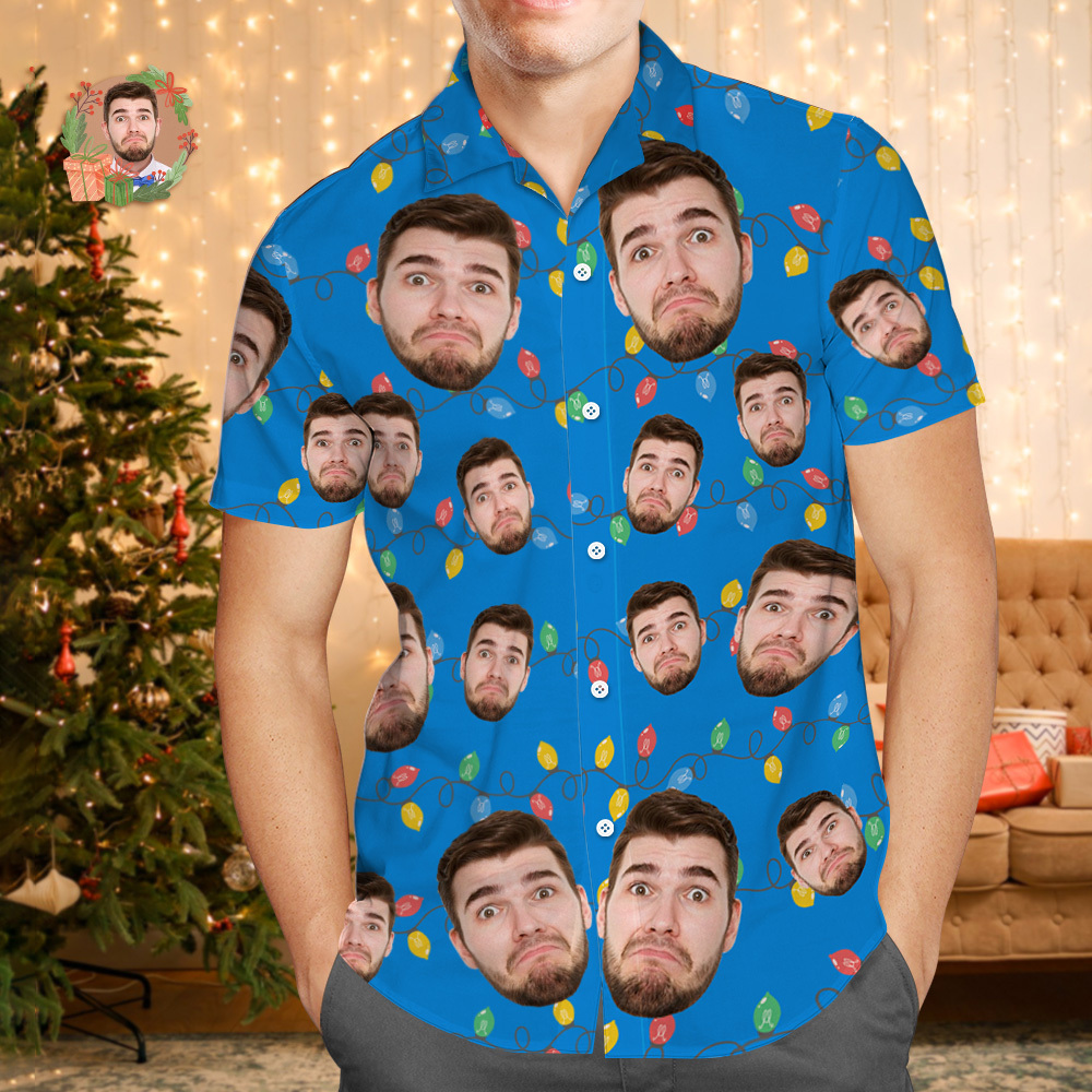 Aangepaste Gezicht Hawaiiaanse Shirt Gepersonaliseerde Flamingo Bloemen En Bladeren Strand Vakantie Kerst Gezicht Hawaiiaanse Shirt - SokkenFoto