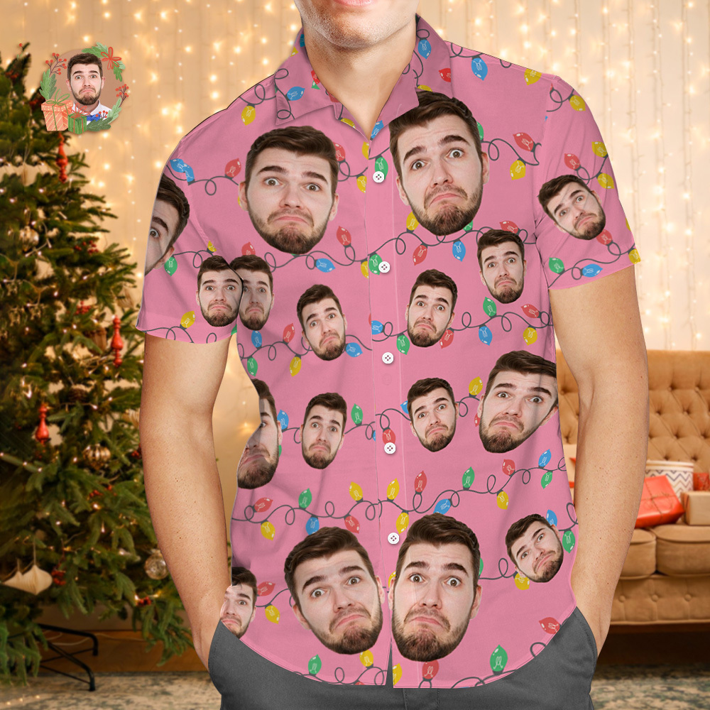 Aangepaste Gezicht Hawaiiaanse Shirt Gepersonaliseerde Flamingo Bloemen En Bladeren Strand Vakantie Kerst Gezicht Hawaiiaanse Shirt - SokkenFoto