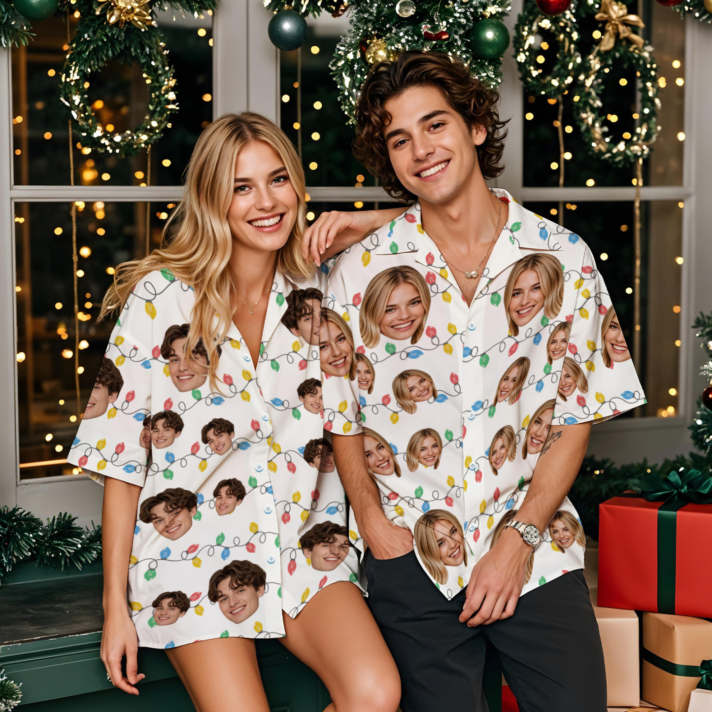 Aangepaste Gezicht Hawaiiaanse Shirt Gepersonaliseerde Flamingo Bloemen En Bladeren Strand Vakantie Kerst Gezicht Hawaiiaanse Shirt - SokkenFoto
