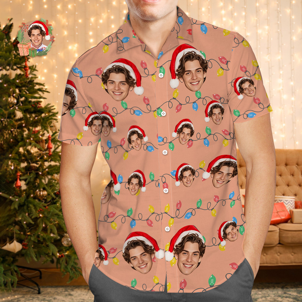 Aangepaste Gezicht Hawaiiaanse Shirt Gepersonaliseerde Flamingo Bloemen En Bladeren Strand Vakantie Kerst Gezicht Hawaiiaanse Shirt - SokkenFoto