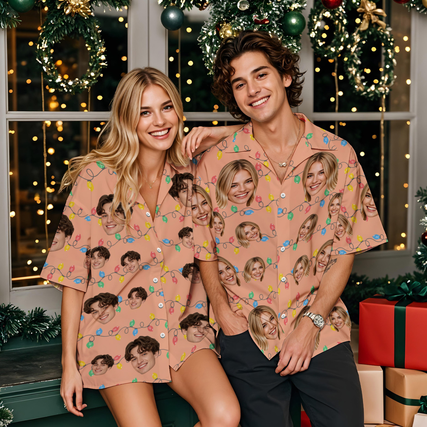 Aangepaste Gezicht Hawaiiaanse Shirt Gepersonaliseerde Flamingo Bloemen En Bladeren Strand Vakantie Kerst Gezicht Hawaiiaanse Shirt - SokkenFoto