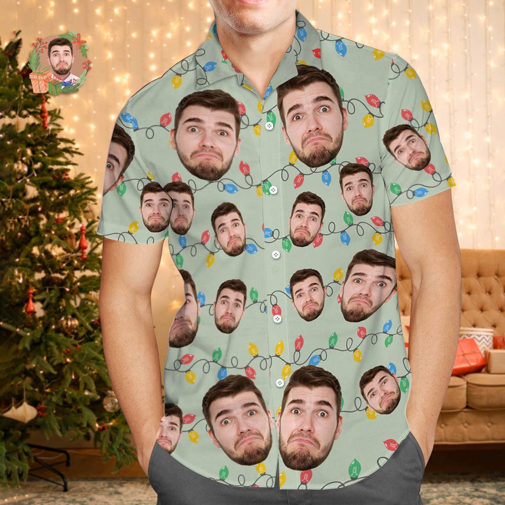 Aangepaste Gezicht Hawaiiaanse Shirt Gepersonaliseerde Flamingo Bloemen En Bladeren Strand Vakantie Kerst Gezicht Hawaiiaanse Shirt - SokkenFoto