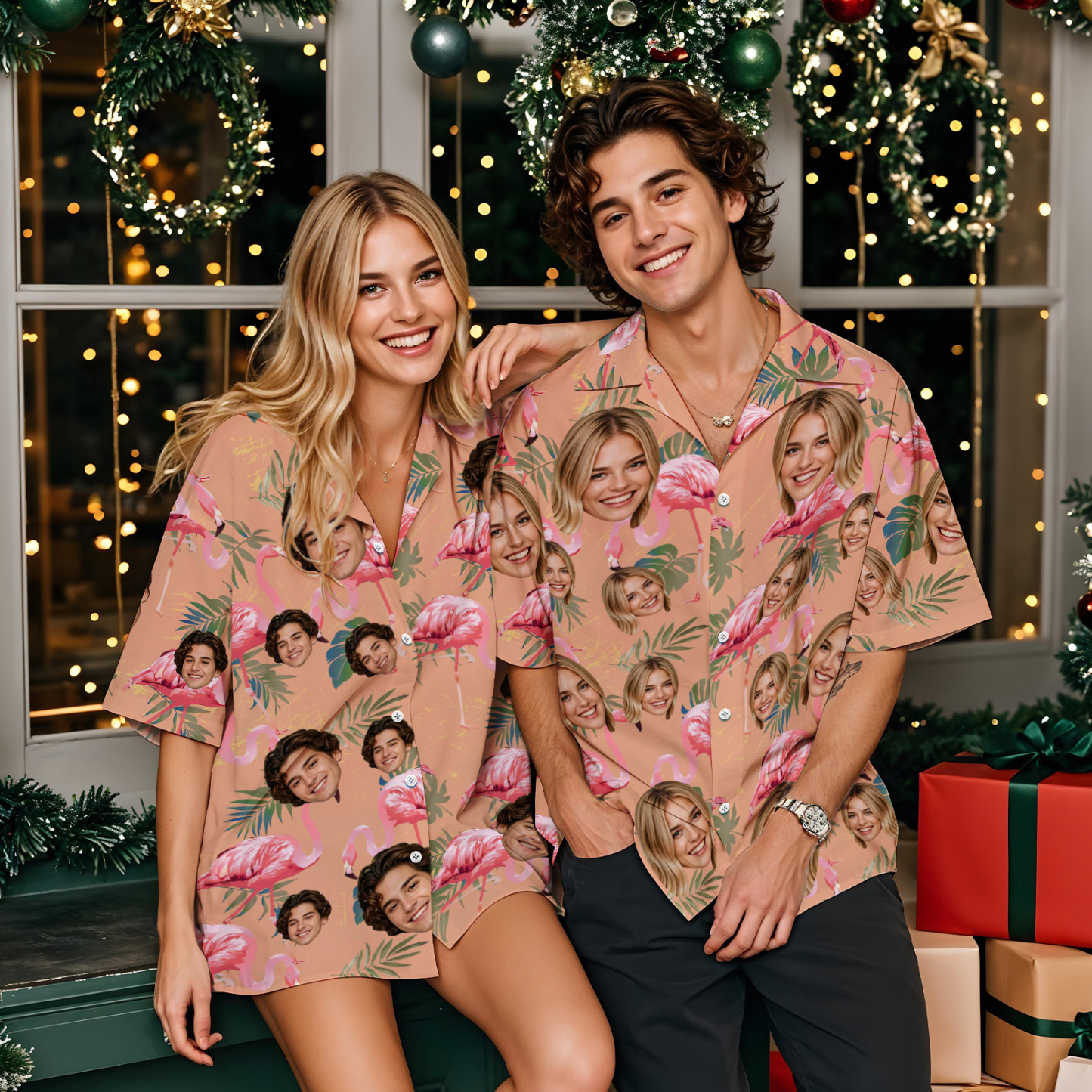 Aangepaste Gezicht Hawaiiaanse Shirt Gepersonaliseerde Flamingo Bloemen En Bladeren Strand Vakantie Kerst Gezicht Hawaiiaanse Shirt - SokkenFoto