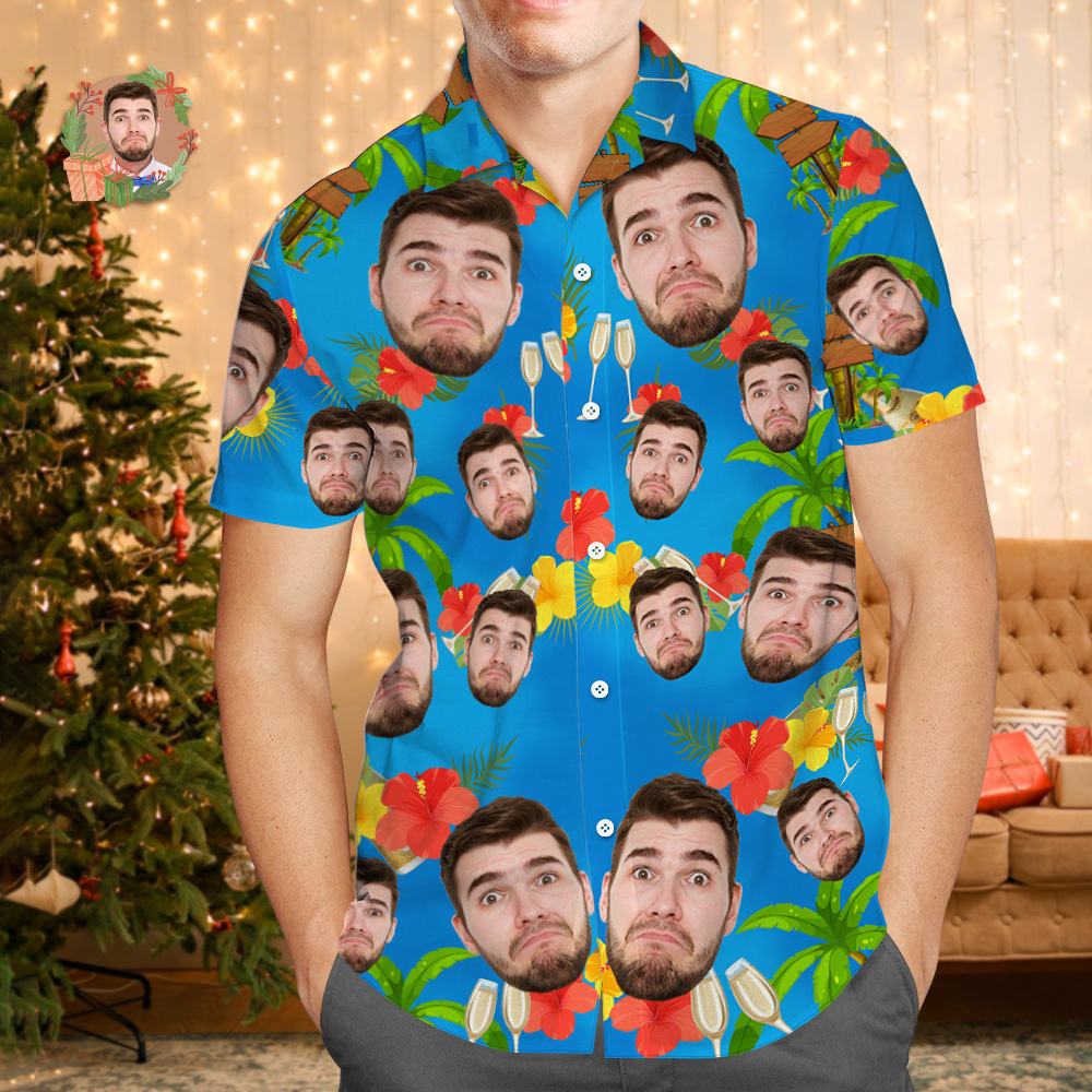Aangepaste Gezicht Hawaiiaanse Shirt Gepersonaliseerde Flamingo Bloemen En Bladeren Strand Vakantie Kerst Gezicht Hawaiiaanse Shirt - SokkenFoto