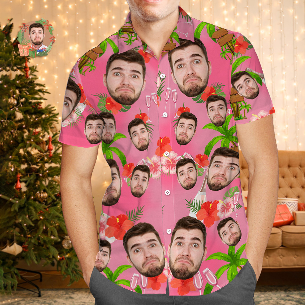 Aangepaste Gezicht Hawaiiaanse Shirt Gepersonaliseerde Flamingo Bloemen En Bladeren Strand Vakantie Kerst Gezicht Hawaiiaanse Shirt - SokkenFoto