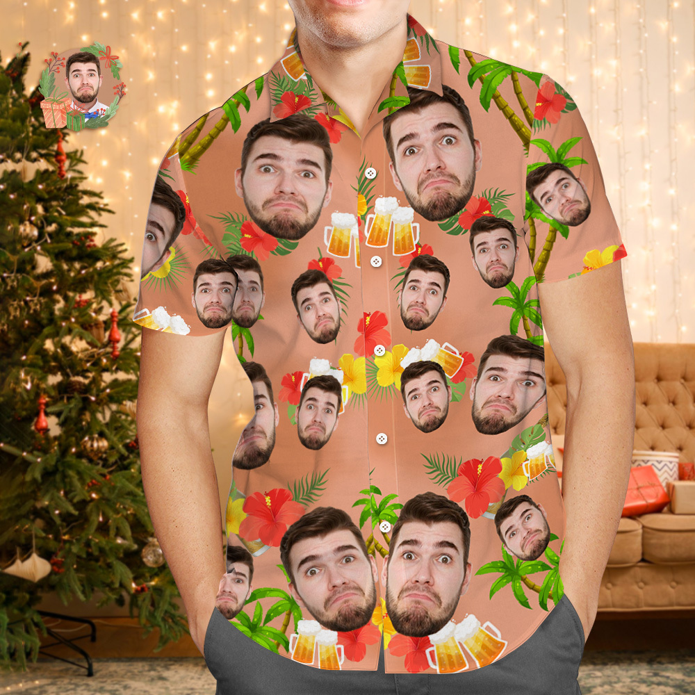 Aangepaste Gezicht Hawaiiaanse Shirt Gepersonaliseerde Flamingo Bloemen En Bladeren Strand Vakantie Kerst Gezicht Hawaiiaanse Shirt - SokkenFoto