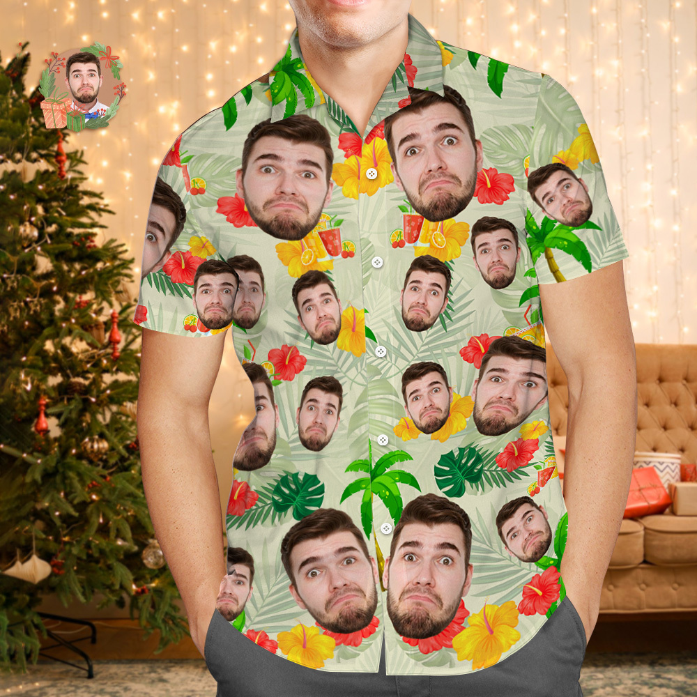 Aangepaste Gezicht Hawaiiaanse Shirt Gepersonaliseerde Flamingo Bloemen En Bladeren Strand Vakantie Kerst Gezicht Hawaiiaanse Shirt - SokkenFoto