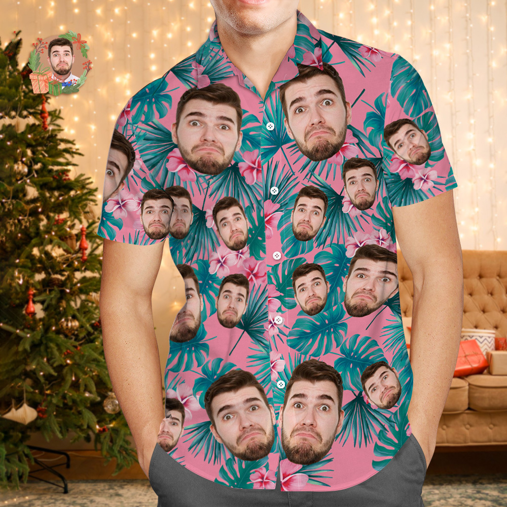 Aangepaste Gezicht Hawaiiaanse Shirt Gepersonaliseerde Flamingo Bloemen En Bladeren Strand Vakantie Kerst Gezicht Hawaiiaanse Shirt - SokkenFoto