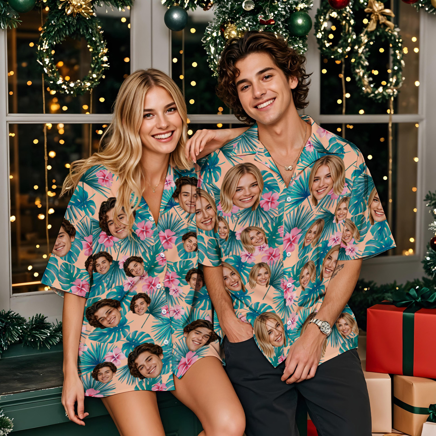 Aangepaste Gezicht Hawaiiaanse Shirt Gepersonaliseerde Flamingo Bloemen En Bladeren Strand Vakantie Kerst Gezicht Hawaiiaanse Shirt - SokkenFoto
