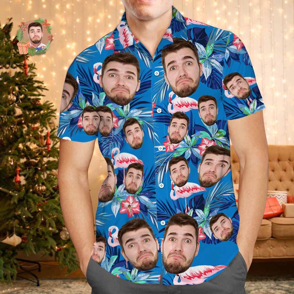 Aangepaste Gezicht Hawaiiaanse Shirt Gepersonaliseerde Flamingo Bloemen En Bladeren Strand Vakantie Kerst Gezicht Hawaiiaanse Shirt - SokkenFoto