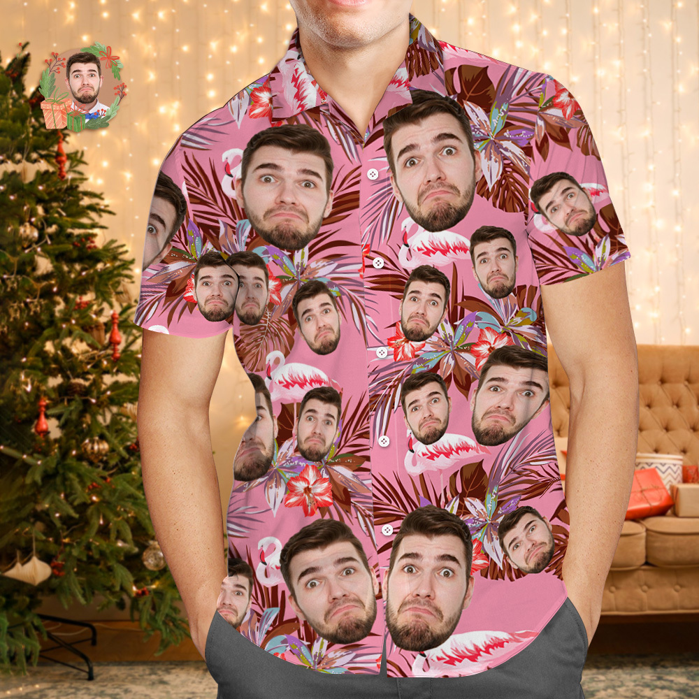 Aangepaste Gezicht Hawaiiaanse Shirt Gepersonaliseerde Flamingo Bloemen En Bladeren Strand Vakantie Kerst Gezicht Hawaiiaanse Shirt - SokkenFoto