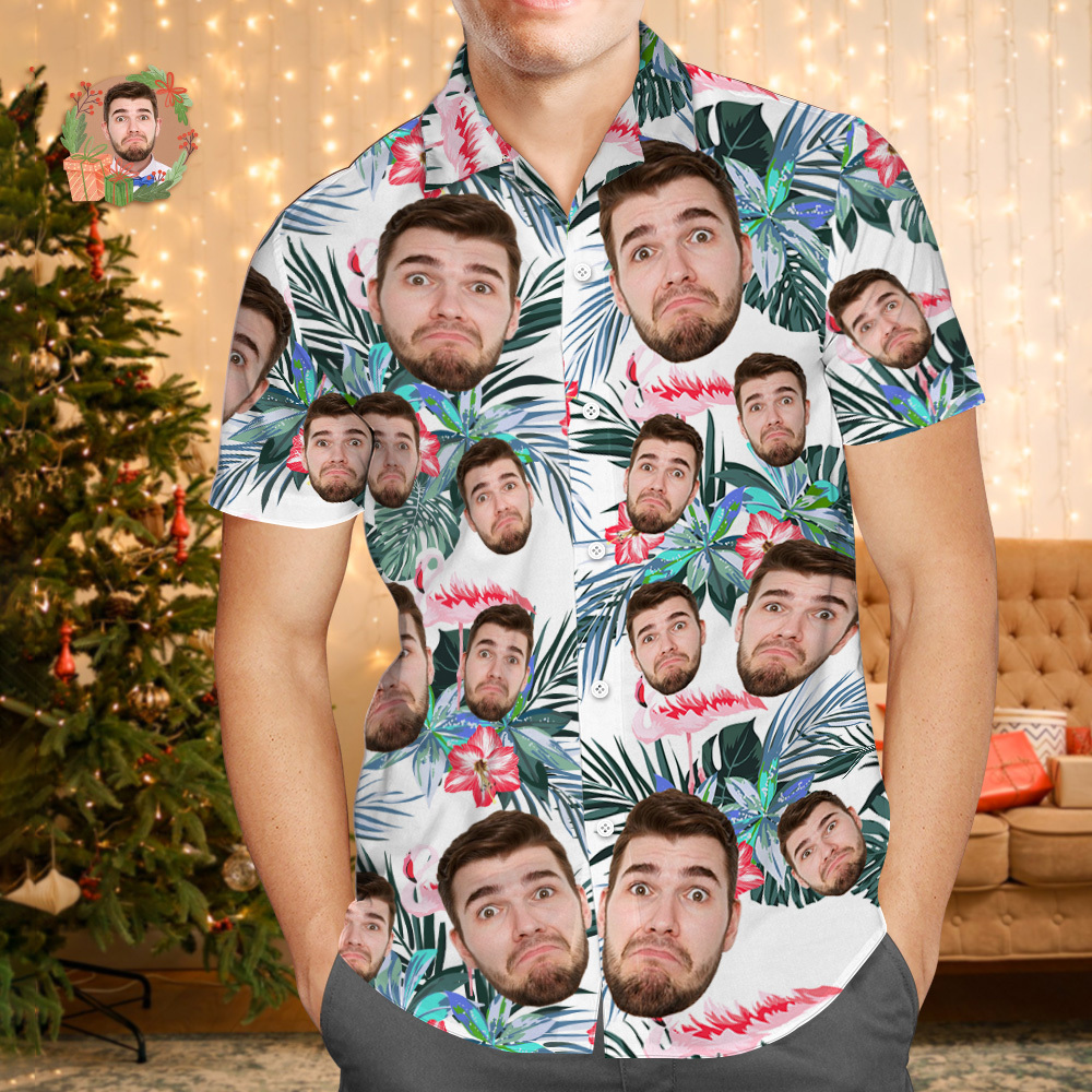 Aangepaste Gezicht Hawaiiaanse Shirt Gepersonaliseerde Flamingo Bloemen En Bladeren Strand Vakantie Kerst Gezicht Hawaiiaanse Shirt - SokkenFoto