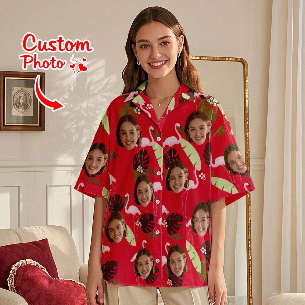 Gepersonaliseerde Blauwe Paar Flamingo Gezicht Hawaiian Shirt Gezicht Paar Shirt Valentijn Cadeau Voor Paar - SokkenFoto