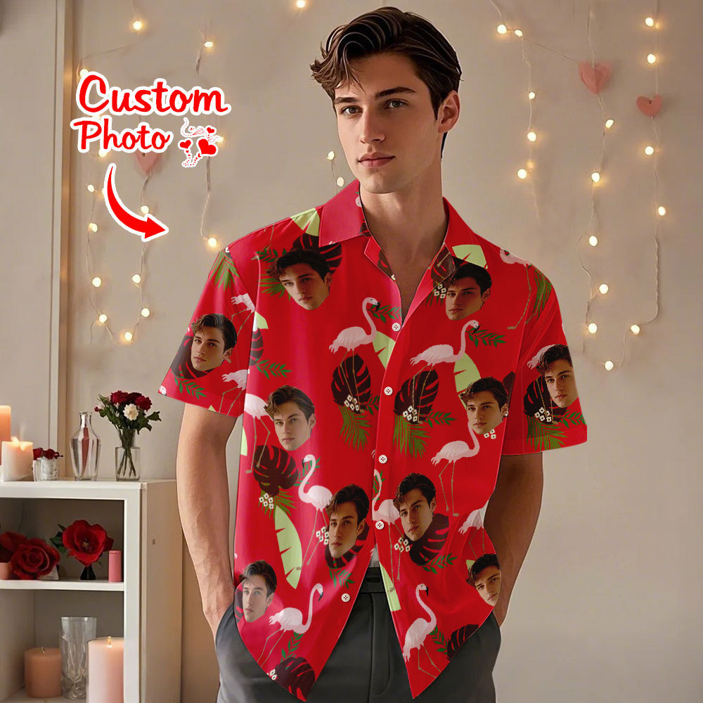 Gepersonaliseerde Blauwe Paar Flamingo Gezicht Hawaiian Shirt Gezicht Paar Shirt Valentijn Cadeau Voor Paar - SokkenFoto