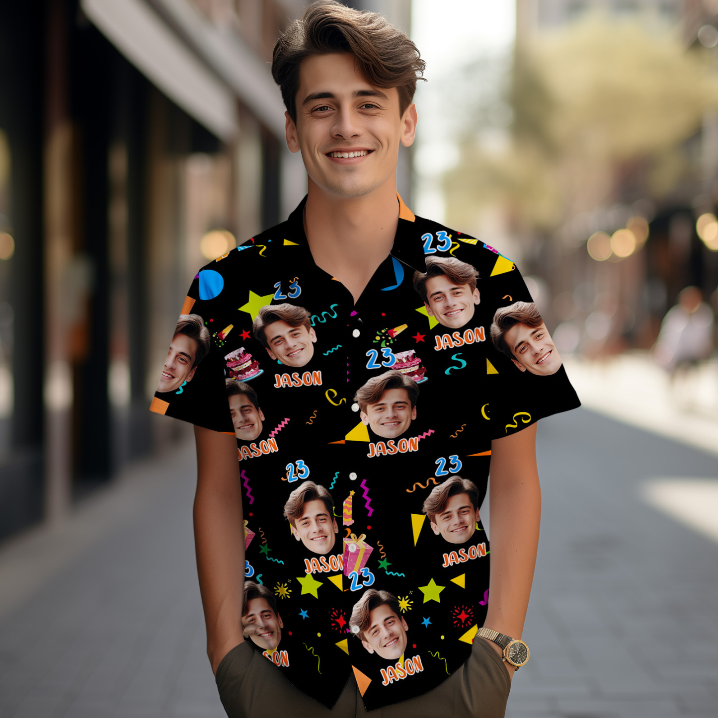 Aangepaste Gezicht Hawaiiaans Shirt Gepersonaliseerde Verjaardagstaart Naam En Leeftijd Gezicht Mannen Hawaiiaans Shirt Verjaardagsfeestje Cadeau - SokkenFoto