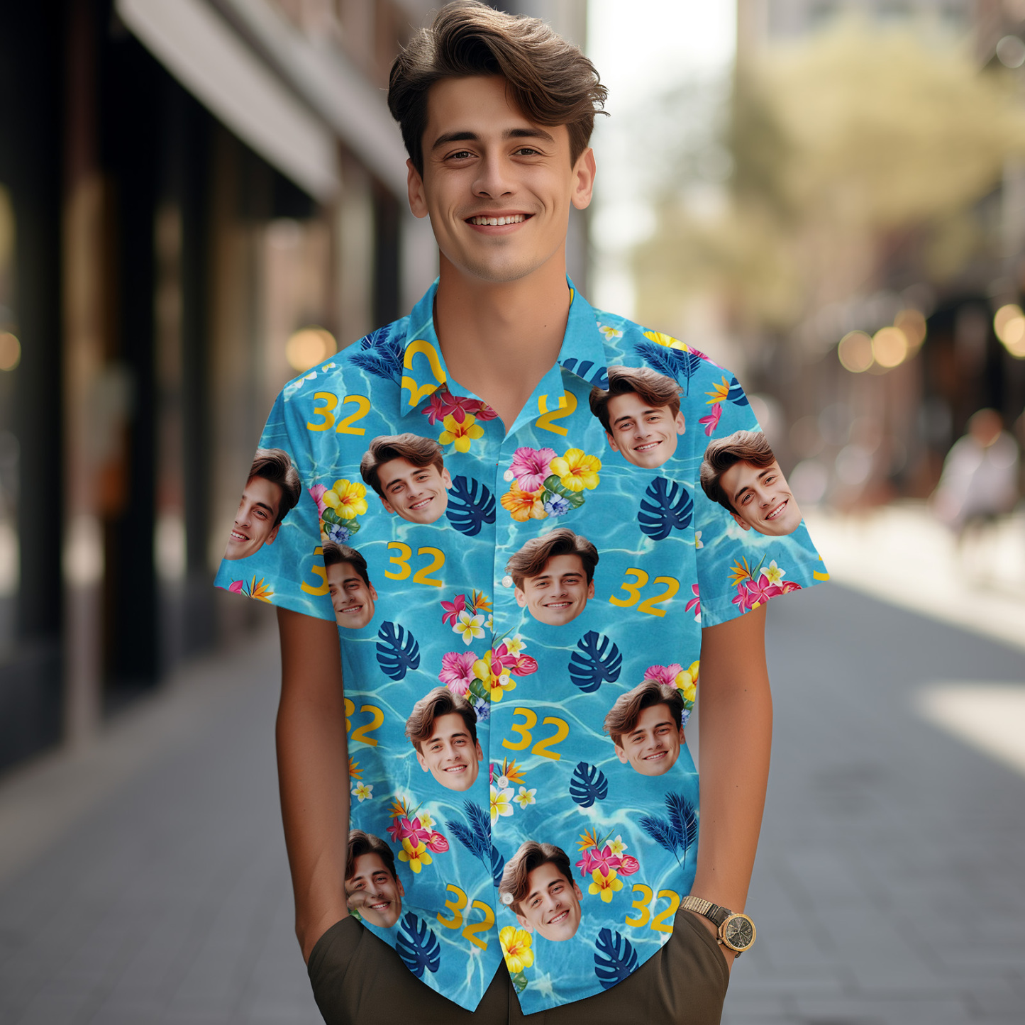 Aangepaste Gezicht Hawaiiaans Shirt Gepersonaliseerde Verjaardagstaart Naam En Leeftijd Gezicht Mannen Hawaiiaans Shirt Verjaardagsfeestje Cadeau - SokkenFoto