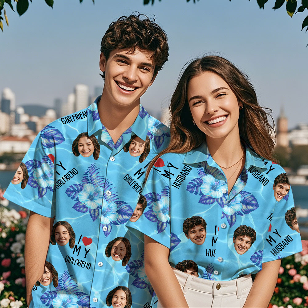 Aangepast Gezicht Hawaiiaans Shirt Zomervakantie Koppel Gezicht Hawaiiaans Shirt Ik Hou Van Mijn Vrouw Hawaiiaans Shirt - SokkenFoto