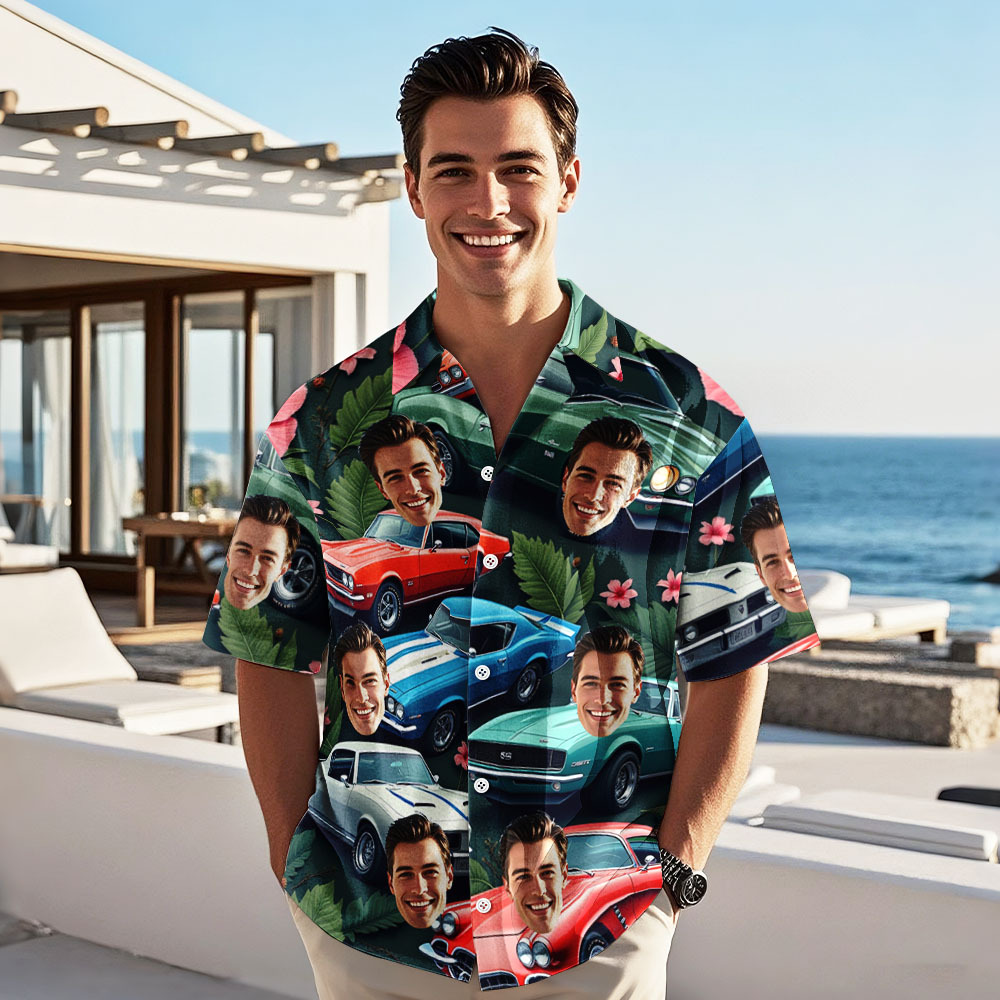 Aangepast Gezicht Hawaiiaans Shirt Klassieke Bloemenautofoto Hawaiiaans Shirt Cadeau Voor Hem - SokkenFoto