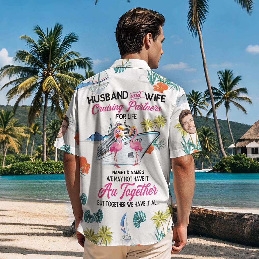 Gepersonaliseerde Gezichtscruisepartners Hawaiiaans Shirt Flamingo Man En Vrouw Gezicht Hawaiiaans Shirt - SokkenFoto