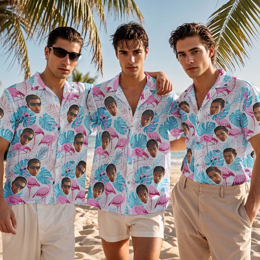 Gepersonaliseerd Roze Blad Flamingo Hawaiiaans Shirt Met Aangepaste Gezichtsfoto Voor Mannen, Leuke Zomervakantie-outfit - SokkenFoto