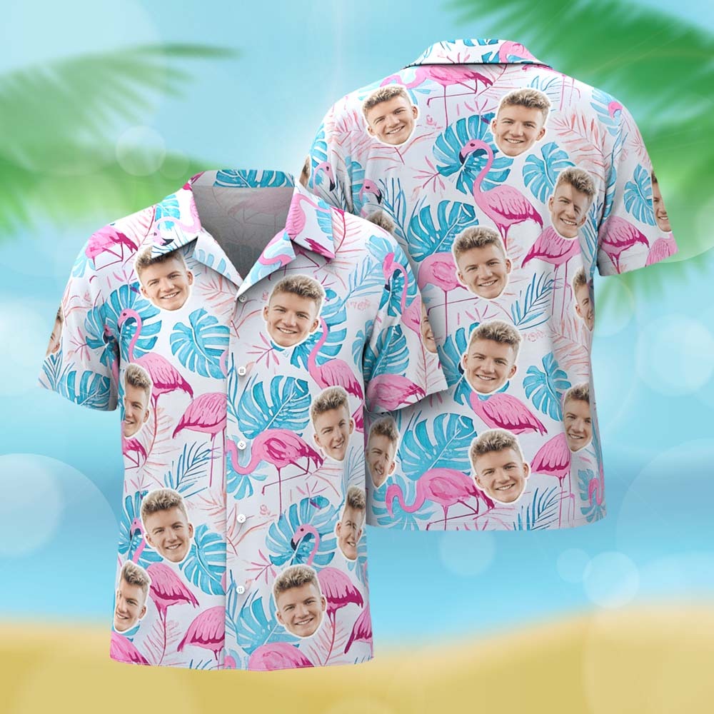 Gepersonaliseerd Roze Blad Flamingo Hawaiiaans Shirt Met Aangepaste Gezichtsfoto Voor Mannen, Leuke Zomervakantie-outfit - SokkenFoto