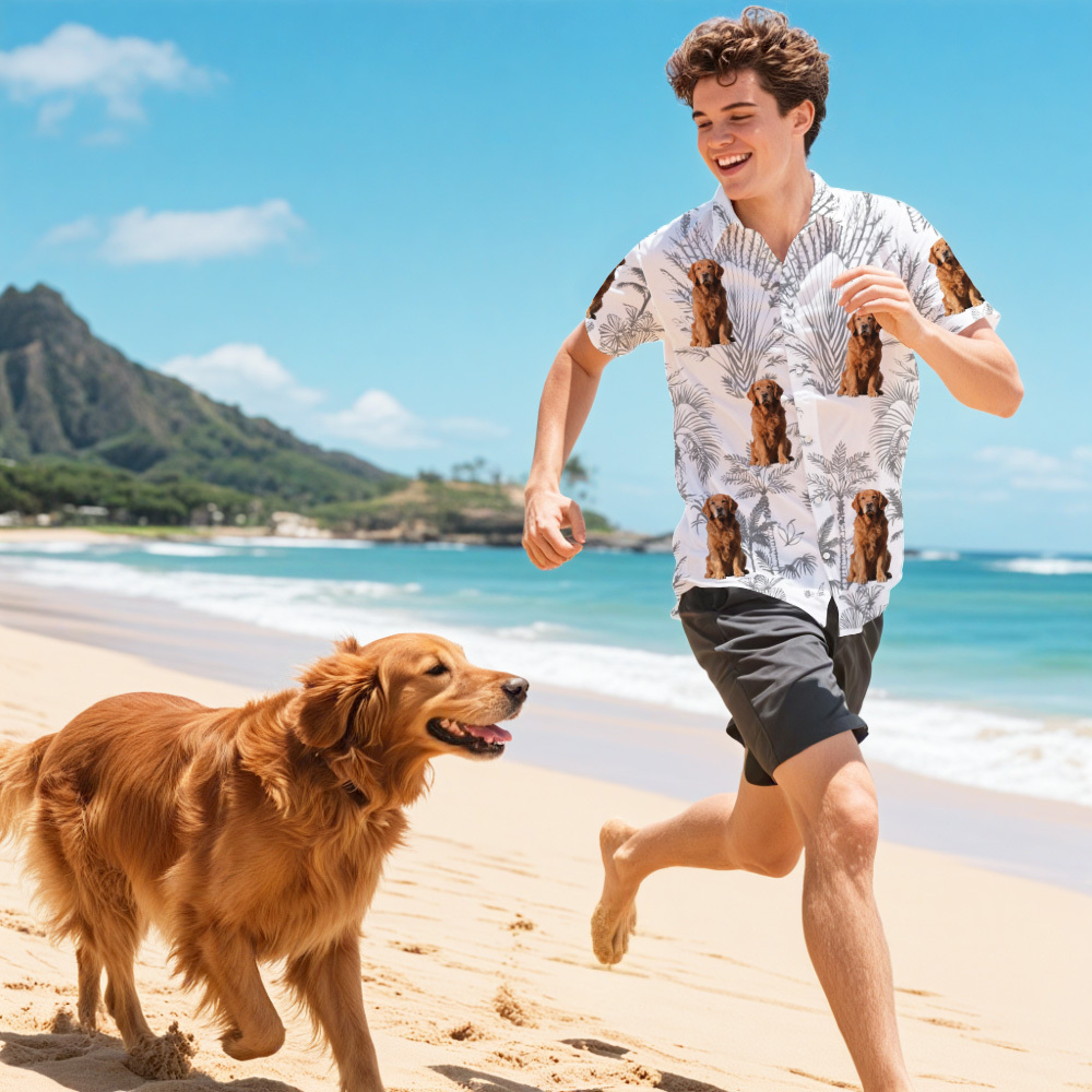 Gepersonaliseerde Hawaiiaanse Shirt Met Grijze Bladeren Voor Hondenliefhebbers, Gepersonaliseerd Hawaiiaans Shirt Met Hondenafbeelding Als Cadeau - SokkenFoto
