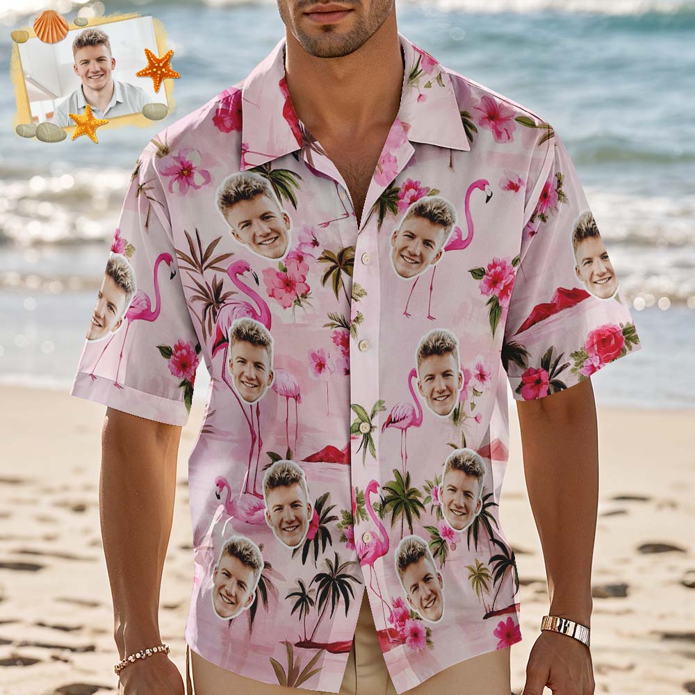 Gepersonaliseerd Roze Flamingo Gezicht Hawaiiaans Shirt Gezicht Koppel Shirt Jubileum Cadeau Voor Koppel