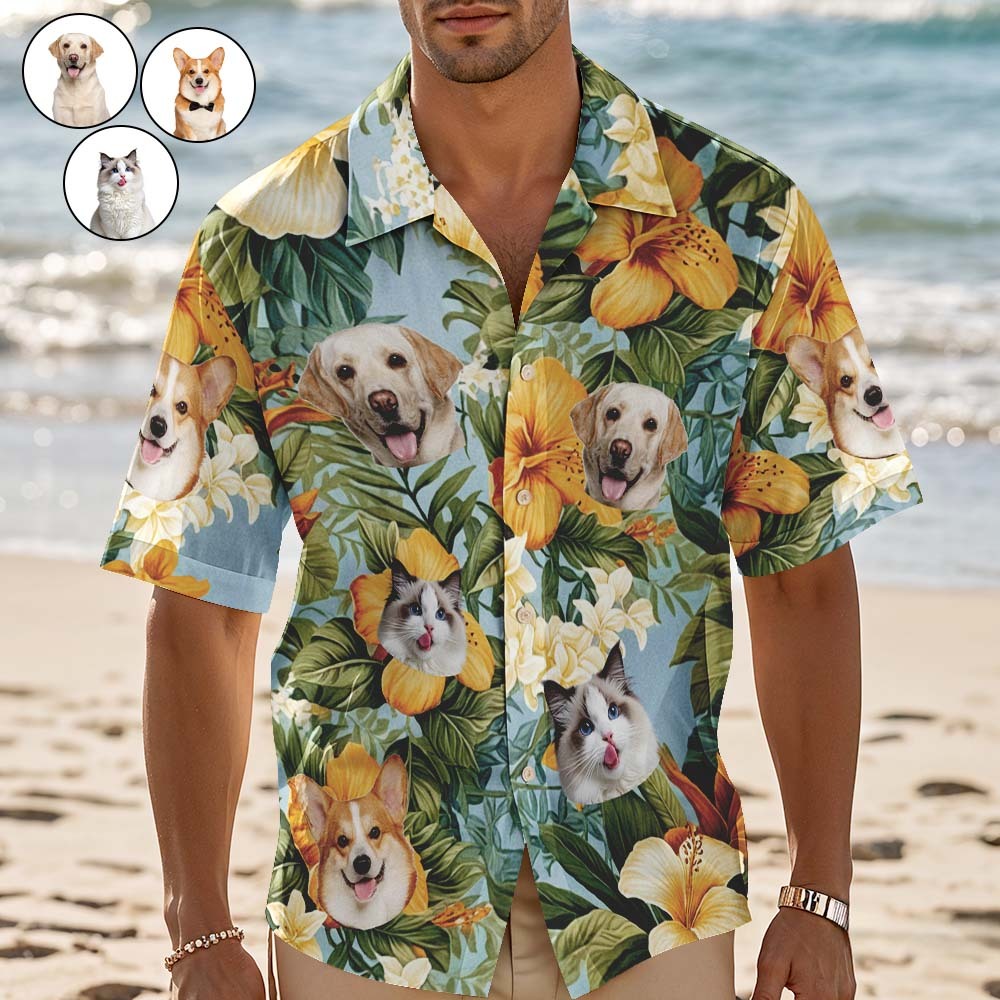 Aangepaste Hawaiiaanse Shirt Oranje Bloemen Gepersonaliseerde Foto Hawaiiaanse Shirt Grappige Vakantie Partij Shirts Voor Huisdierenliefhebbers - SokkenFoto