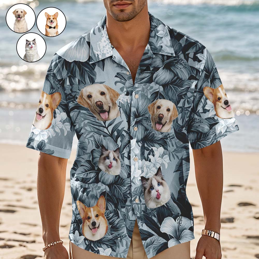 Aangepaste Hawaiiaanse Shirt Blauwe Bladeren Gepersonaliseerde Foto Hawaiiaanse Shirt Grappige Vakantie Partij Shirts Voor Huisdierenliefhebbers - SokkenFoto