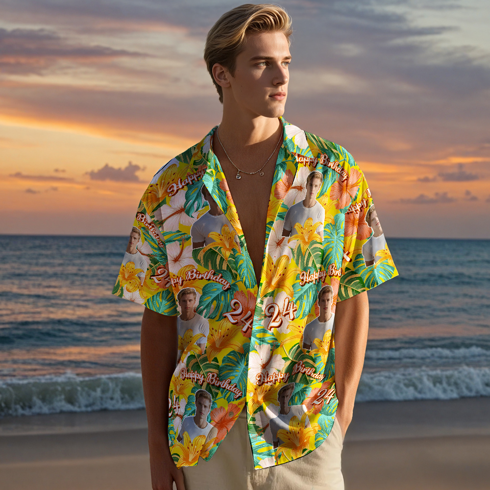 Aangepast Verjaardags Hawaiiaans Shirt Aangepast Gezicht Datum En Naam Bierbloem En Palmboom Shirt 5-stijlen