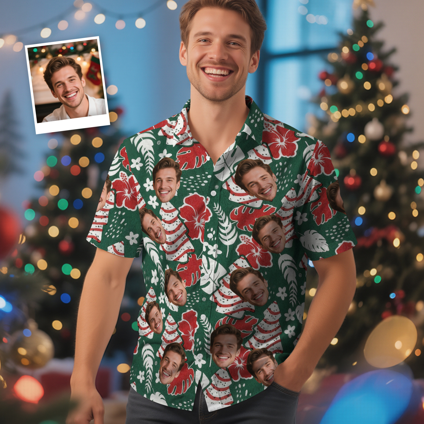 Aangepast Gezicht Rode Bladeren Hawaiiaans Shirt Gepersonaliseerd Hawaiiaans Shirt Voor Heren Met Gezichtsfoto Hawaiiaans Shirt Aloha Shirt Kerstcadeau - SokkenFoto
