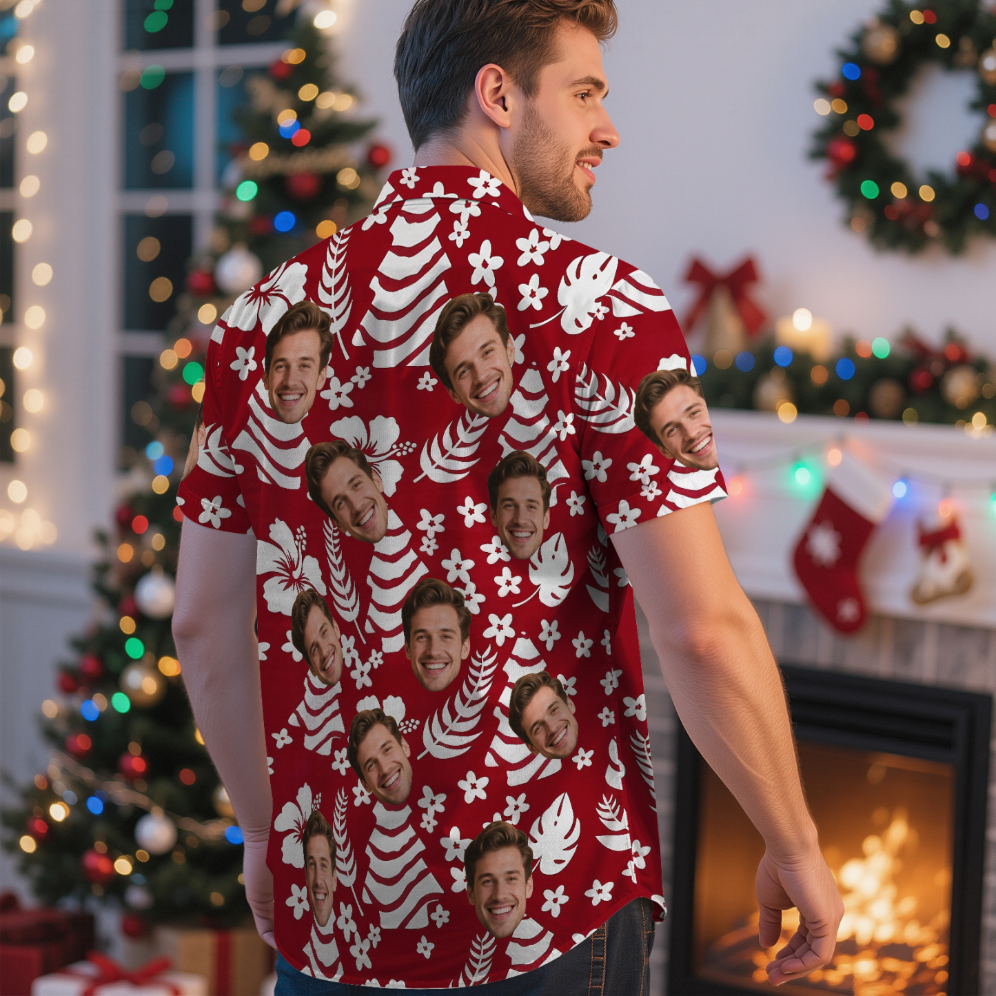 Aangepast Gezicht Rode Bladeren Hawaiiaans Shirt Gepersonaliseerd Hawaiiaans Shirt Voor Heren Met Gezichtsfoto Hawaiiaans Shirt Aloha Shirt Kerstcadeau - SokkenFoto