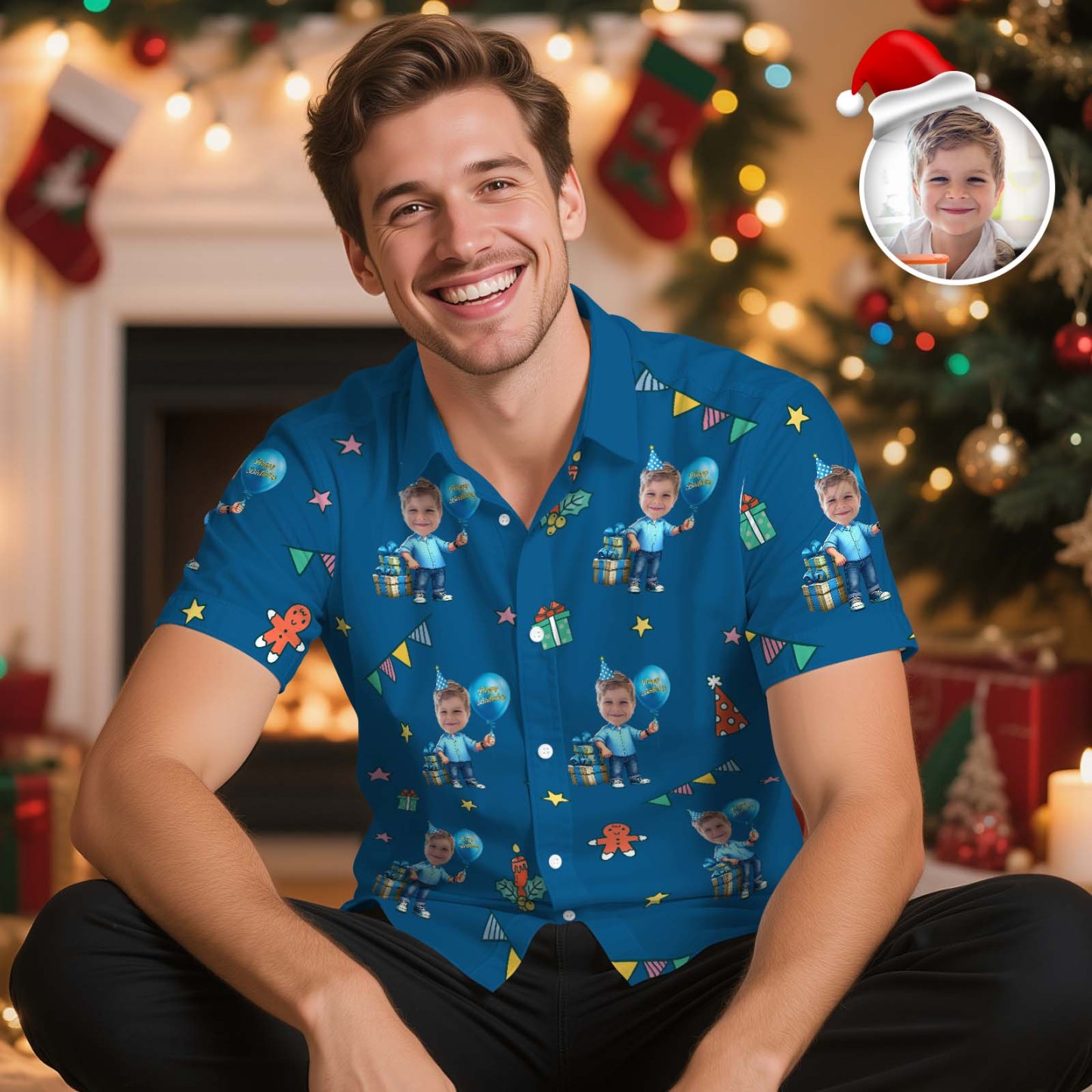 Aangepast Verjaardags- En Kerstshirt, Vrolijk Kerstfeest, Multi-face Hawaiiaans Shirt, Cadeau Voor Familie En Vrienden, Kerstcadeau - SokkenFoto