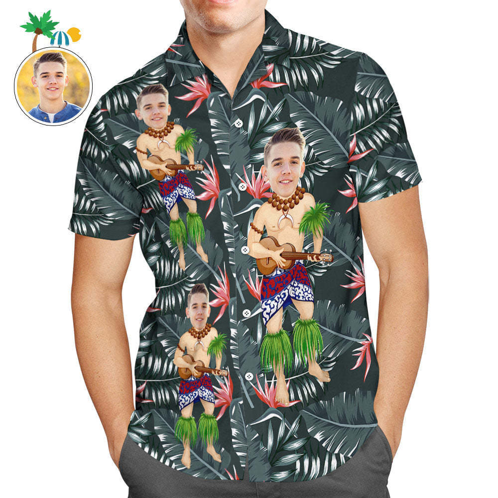 Custom Face Men Hawaiian Shirt Leaves Hula Green Tropical Shirt - SokkenFoto
