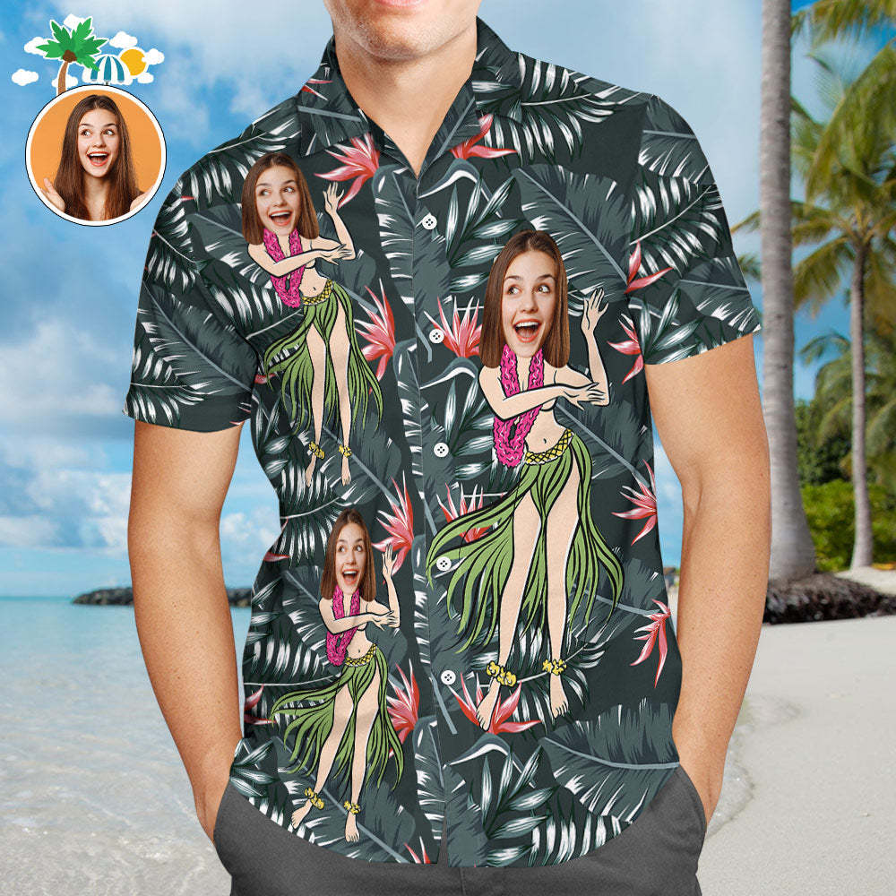 Custom Face Men Hawaiian Shirt Leaves Hula Green Tropical Shirt - SokkenFoto