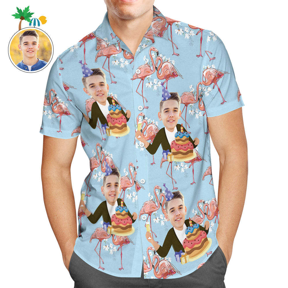Aangepaste Gezicht Mannen Flamingo Hawaiian Shirt Verjaardagstaart Shirt - SokkenFoto