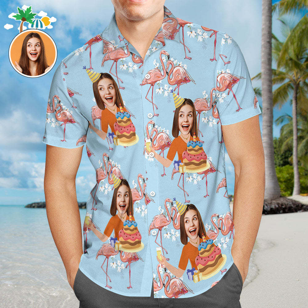 Aangepaste Gezicht Mannen Flamingo Hawaiian Shirt Verjaardagstaart Shirt - SokkenFoto