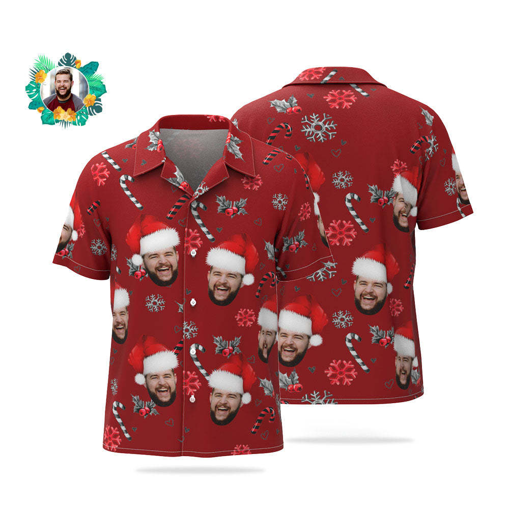 Aangepaste Gezicht Hawaiiaanse Shirt Gepersonaliseerde Foto Kerstshirts Met Snoepstokken Voor Mannen - SokkenFoto