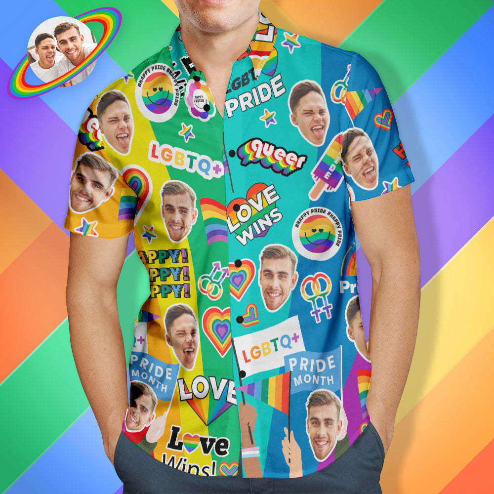 Aangepaste Gezicht Mannen Hawaiiaanse Shirts Gepersonaliseerd Lgbtq Gay Pride Shirt - Liefde Wint - SokkenFoto
