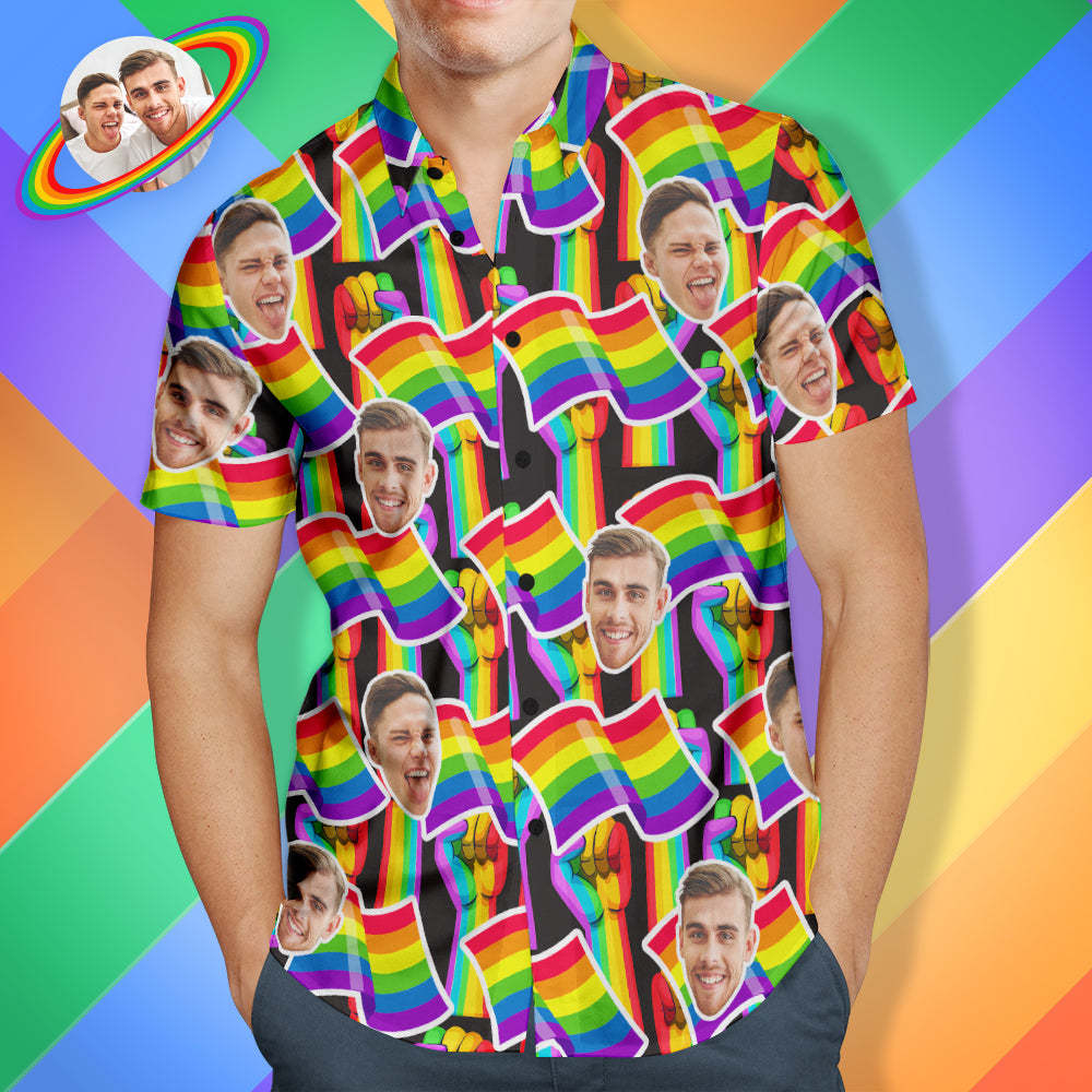 Aangepaste Gezicht Mannen Hawaiiaanse Shirts Gepersonaliseerd Lgbtq Gay Pride Shirt - Regenboogvlag - SokkenFoto