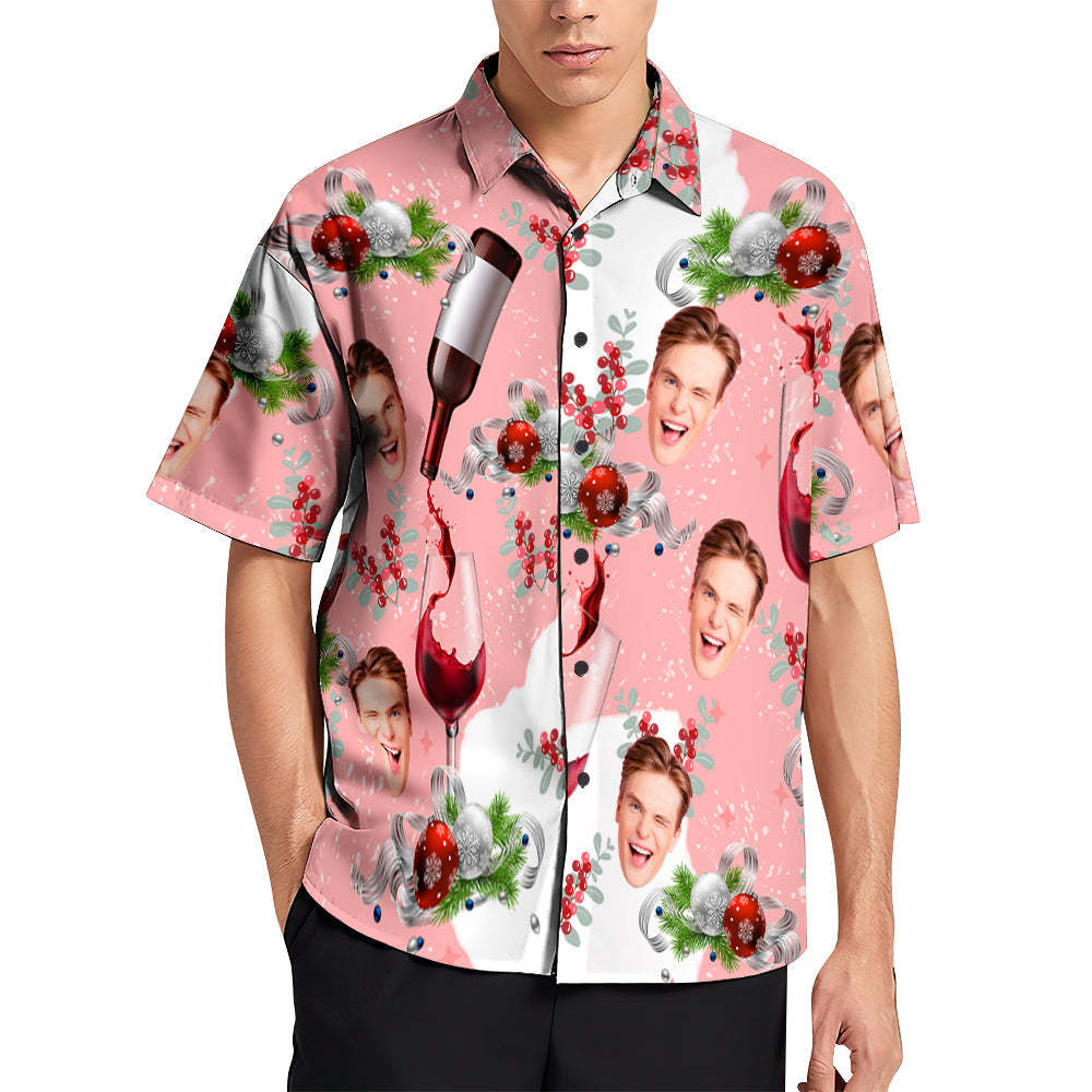 Custom Face Hawaiian Shirts Pink Christmas Heren Kerstoverhemden Een Glas Fijne Wijn - SokkenFoto